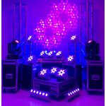 Event uplighting package with truss towers, moving head lights, and LED fixtures on road cases, stage lighting setup for weddings and parties.