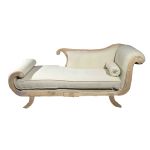Vintage chaise lounge with taupe upholstered cushion and carved natural wood frame, elegant seating for weddings, photoshoots, and events.