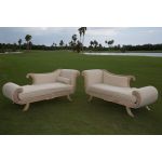 Vintage chaise lounge with taupe upholstered cushion and carved natural wood frame, elegant seating for weddings, photoshoots, and events.