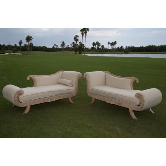 Vintage chaise lounge with taupe upholstered cushion and carved natural wood frame, elegant seating for weddings, photoshoots, and events.
