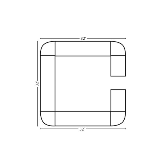 Modular Bar C-Shape 32' x 32' white paneled three-sided bar with continuous countertop, open entry gap and spacious interior workspace for events.