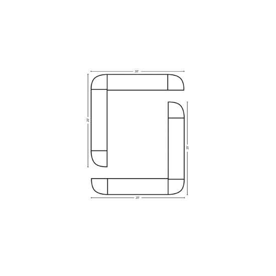 Modular Bar O-Shape 20'x20' large white paneled island bar with continuous countertop and open center; modular segments form a sleek circular service station.