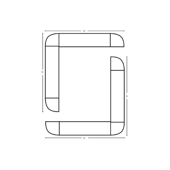 Modular Bar O-Shape 32'x32' extra-large white paneled island bar with continuous countertop and open center; modular segments create a sleek circular service station.