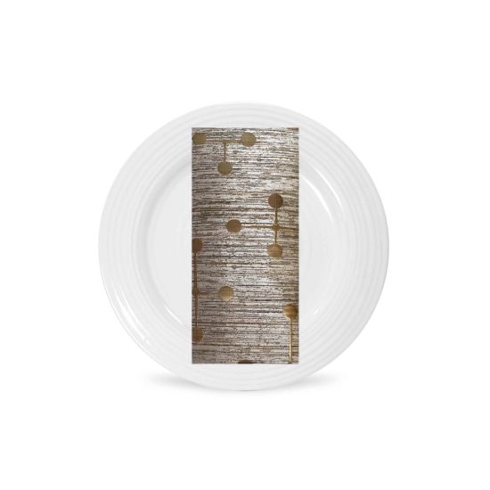 Latte morse napkin with textured metallic weave and scattered gold dot accents folded on a white plate, elegant accent for event tables