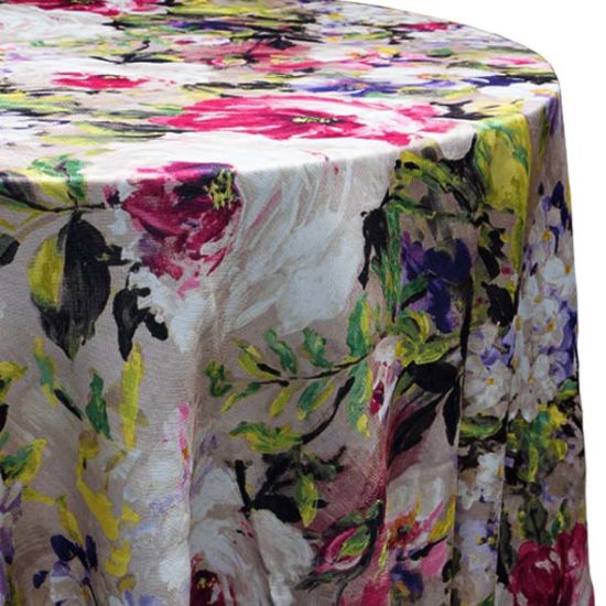 Botanical floral patterned Le Jardin event tablecloth with vibrant leaf and flower design for weddings and garden-inspired décor