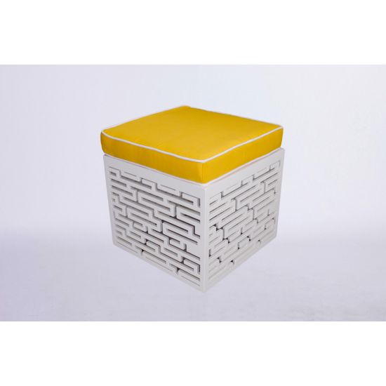 Maze ottoman with lime green cushioned top and white textured geometric base, modern lounge seating accent for events and weddings.