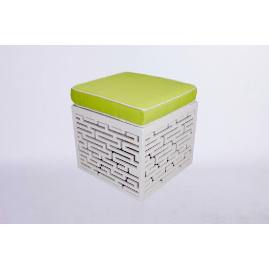 Maze ottoman with lime green cushioned top and white textured geometric base, modern lounge seating accent for events and weddings.