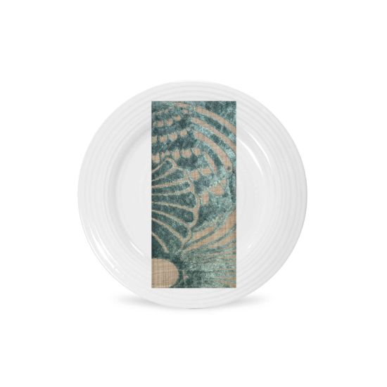 Sage peacock napkin with soft green feather-style print and woven texture, folded on a white plate for elegant garden event table décor