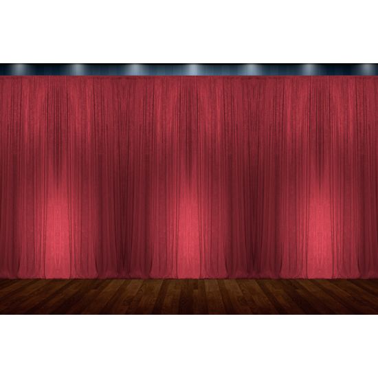 Adjustable tall pipe-and-drape backdrop with red curtain panels, height range 13 to 24 feet for stages, booths, and event décor.