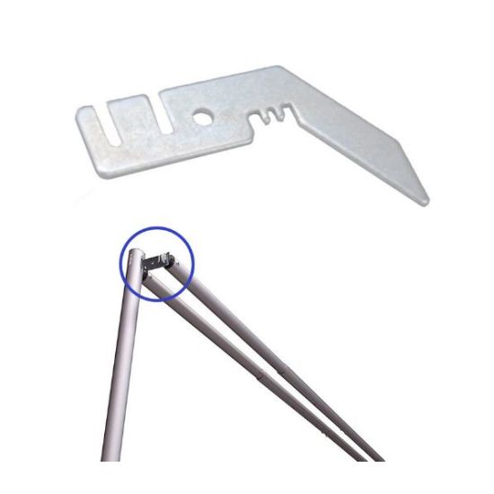 Metal valance hanger bracket for Pro Serie 3 extra crossbars, shown with close-up hook and connector point for pipe-and-drape setup.