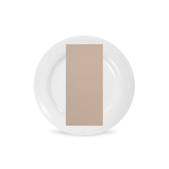 Latte polyester napkin with soft beige solid fabric finish, folded on a white plate for timeless wedding and formal event tables