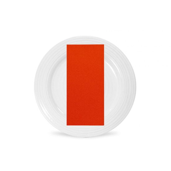 Mandarin orange polyester napkin with vibrant solid fabric texture, folded on a white plate for festive events and wedding tables