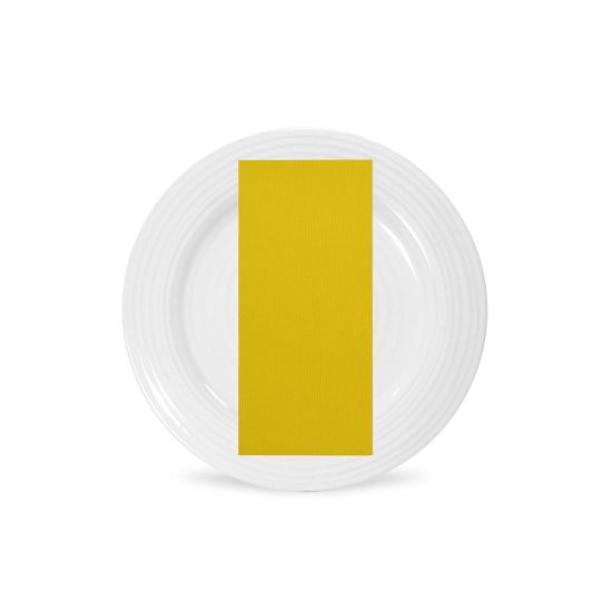 New lemon polyester napkin with bright yellow solid fabric texture, folded on a white plate for sunny weddings and festive event tables