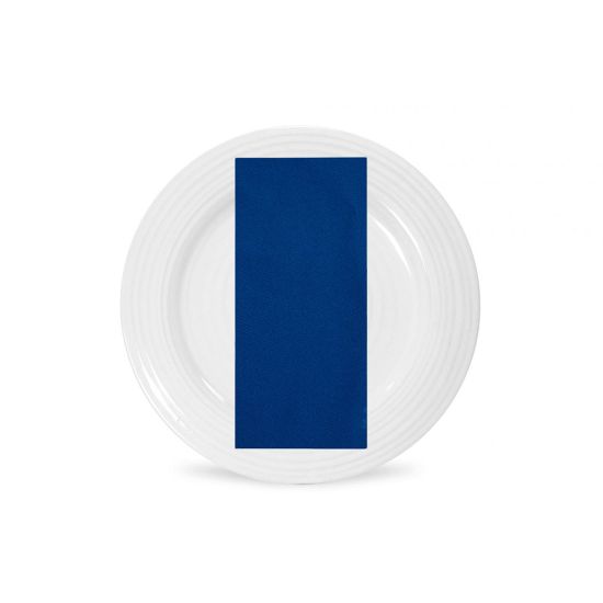 Royal blue polyester napkin with deep solid fabric finish, neatly folded on a white plate for formal weddings and elegant event tables