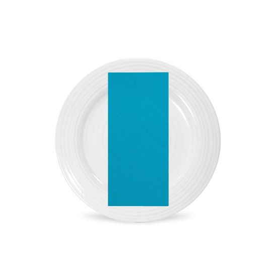 Turquoise polyester napkin with vibrant blue-green solid fabric texture, folded on a white plate for coastal weddings and event tables
