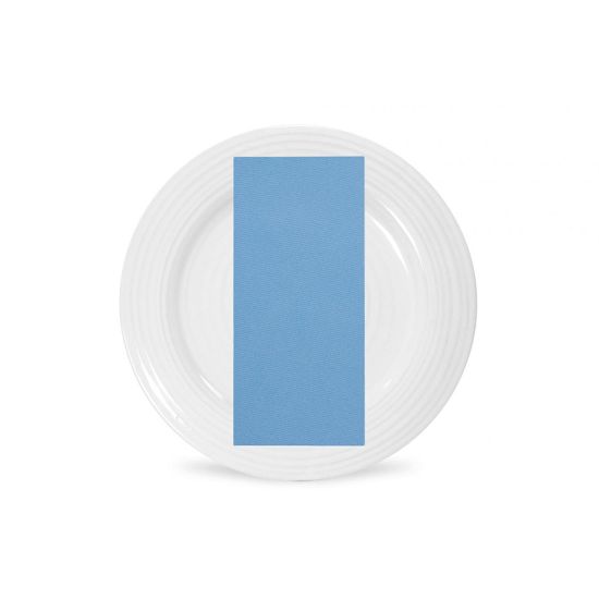 Wedgewood blue polyester napkin with soft solid fabric finish, folded on a white plate for elegant weddings and formal event décor