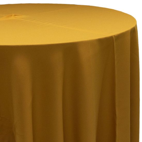 mustard yellow polyester round event tablecloth linen with smooth solid fabric for weddings, parties, banquets and special occasion décor rentals