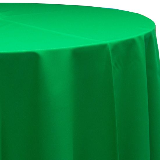 shamrock green polyester round event tablecloth linen with smooth solid bright green fabric for weddings, parties, banquets and special occasion décor rentals