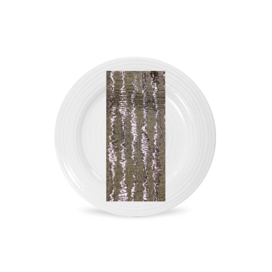 Lavender pulse line napkin with vertical metallic streak pattern folded on a white plate, soft elegant accent for wedding and event tables
