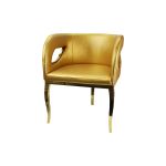 Gold trident accent armchair with smooth upholstery, curved back, gold-trim side cutouts, and sleek gold metal legs for luxury event lounge seating.