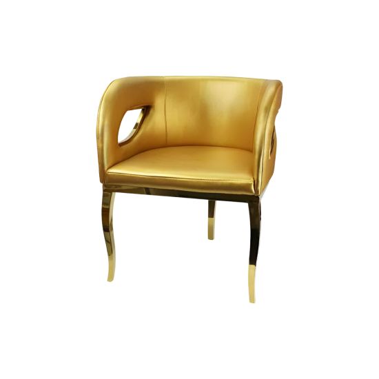 Gold trident accent armchair with smooth upholstery, curved back, gold-trim side cutouts, and sleek gold metal legs for luxury event lounge seating.