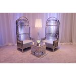 Gold dome cage armchair with vertical gold bars and eggplant velvet seat cushion, modern luxury lounge chair for weddings and events.