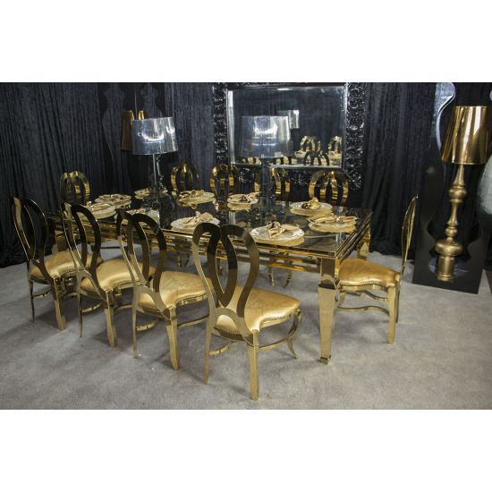 Gold stainless-steel ArtDeco dining table 96″ L × 30″ W × 30″ H with sleek rectangular top and polished metallic finish, ideal for luxury event receptions