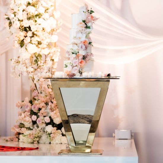 48 inch round clear glass top high-boy cocktail table with mirrored silver pyramid stainless steel base from Reflection collection