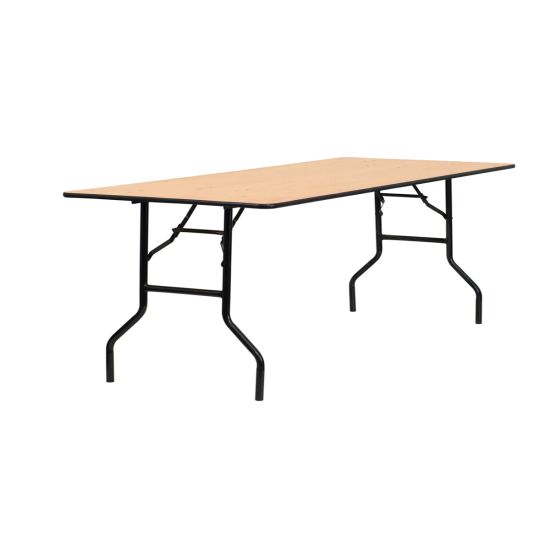 medium wood laminate rectangular banquet table with metal folding legs for event rental setups