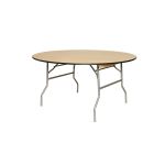 medium wood-tone round banquet table with metal folding legs ideal for event seating and conference setups