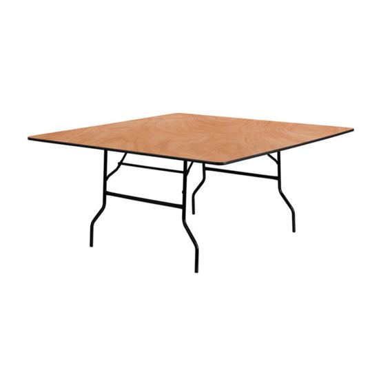 wood tone laminate square banquet table with metal folding legs ideal for event rental