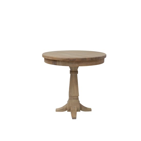 Round vintage Bella cocktail table with natural wood finish and turned pedestal base, ideal for elegant event lounge décor