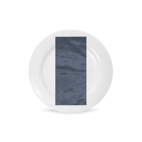 Blue jay satin napkin with smooth glossy fabric texture in deep blue tone, folded on a white plate for classic wedding table settings