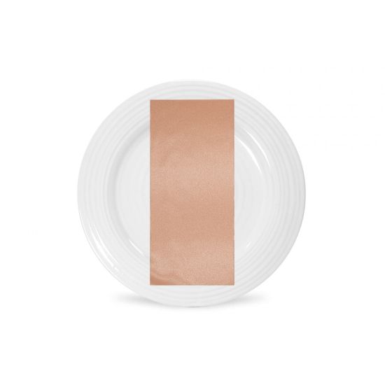 Melon satin napkin with warm peach glossy fabric texture, folded on a white plate for spring weddings and cheerful event table settings