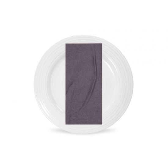 Moonglow satin napkin with smooth glossy fabric finish in smoky lavender-gray tone, folded on a white plate for elegant event table décor