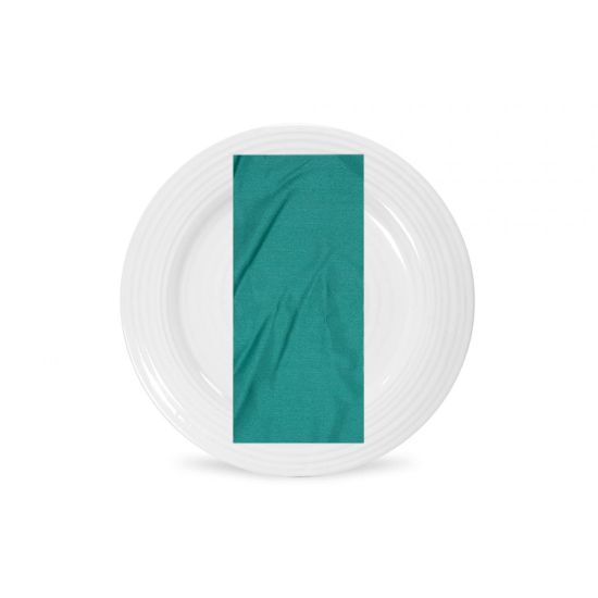 Peacock satin napkin with rich teal glossy fabric finish, folded on a white plate for bold modern weddings and upscale event décor