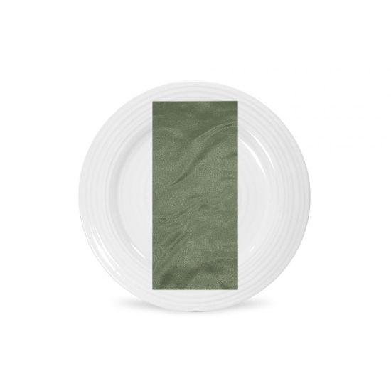 Sage satin napkin with muted green glossy fabric finish, folded on a white plate for garden weddings and refined event tables