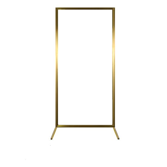 Gold metal frame screen with clean rectangular outline and freestanding base, minimalist backdrop stand for weddings and event décor.