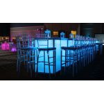 clear glass-top rectangular high-boy table supported by two white panel bases trimmed in dark frame from Skyline collection for event rental