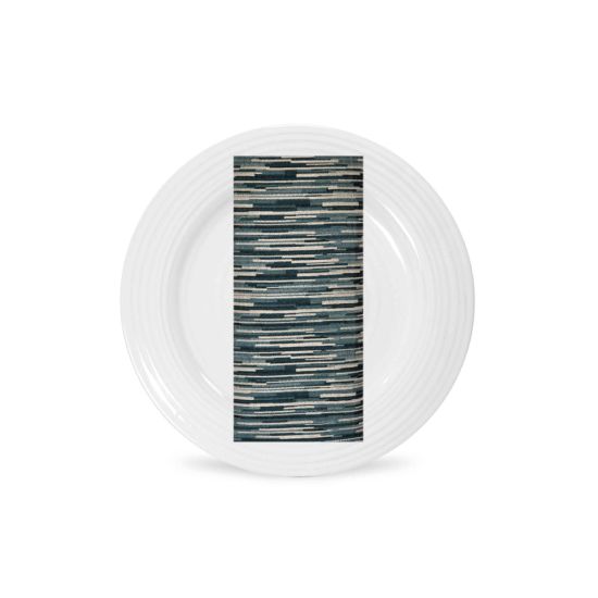 Pacific slubs napkin with textured horizontal stripe pattern in deep teal tones, folded on a white plate for modern event table décor