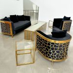 Gold stainless-steel Art Deco coffee table 72″ L × 18″ W × 18″ H with sleek minimalist rectangular top and polished metallic finish for modern luxury event lounge décor
