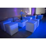 Soho black square coffee table with modern cube design, lounge table rental for weddings, corporate events, and cocktail lounges.