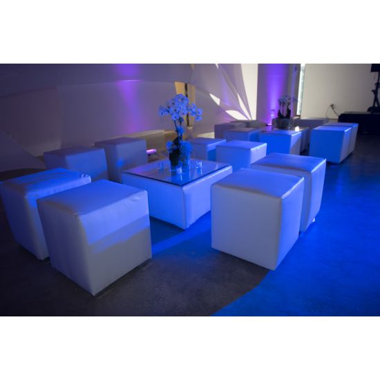 Soho black square coffee table with modern cube design, lounge table rental for weddings, corporate events, and cocktail lounges.