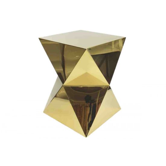 Gold stainless-steel Reflection abstract side table with sculptural geometric base and sleek minimalist top, ideal for modern event lounge décor