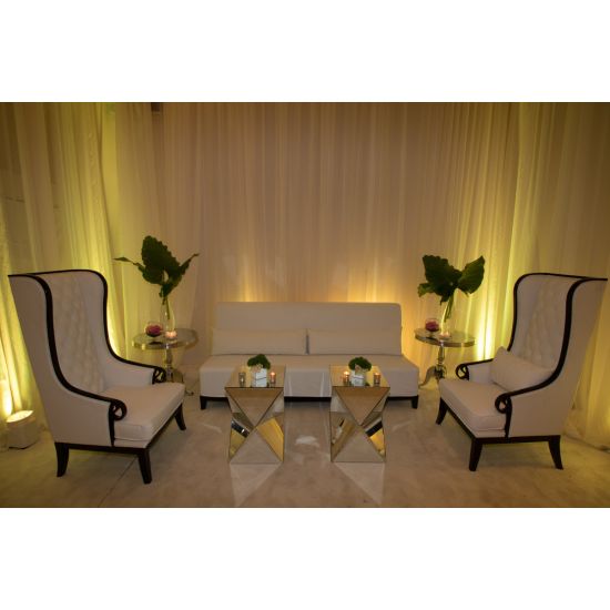 Gold stainless-steel Reflection abstract side table with sculptural geometric base and sleek minimalist top, ideal for modern event lounge décor