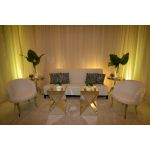 Gold stainless-steel Reflection abstract side table with sculptural geometric base and sleek minimalist top, ideal for modern event lounge décor