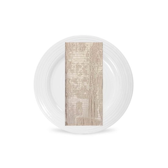 Ivory stone wall napkin with distressed block texture in soft neutral tones, folded on a white plate for elegant wedding table settings
