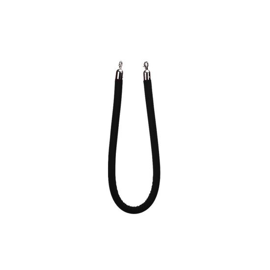 Black velvet stanchion rope with silver end clasps, crowd control rope accessory for event entrances, VIP lines, and red carpet setups.