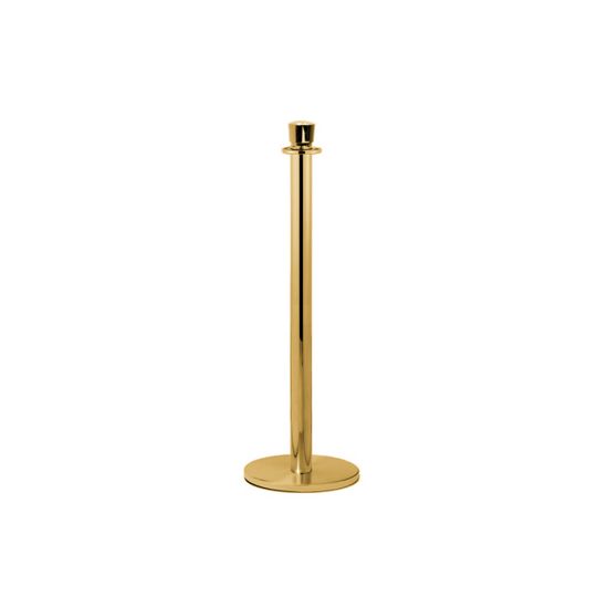 Gold stanchion post with round base and top rope hooks, crowd control pole for red carpet lines, entrances, and VIP events.