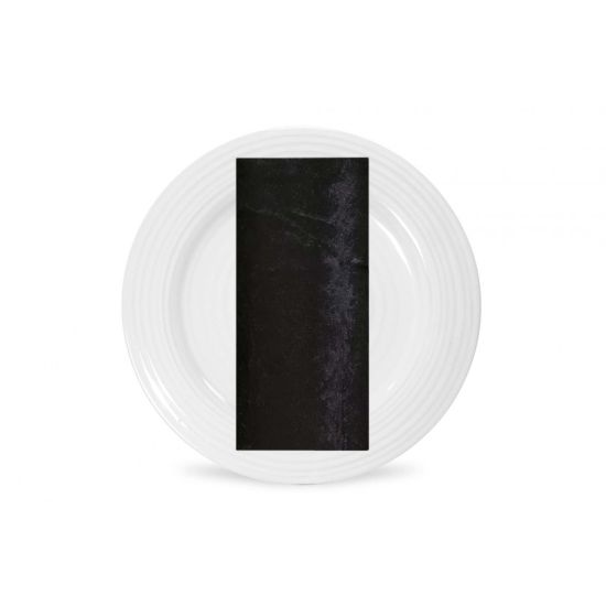 Black velvet napkin with soft plush texture and subtle sheen, folded on a white plate for modern weddings and upscale event tables